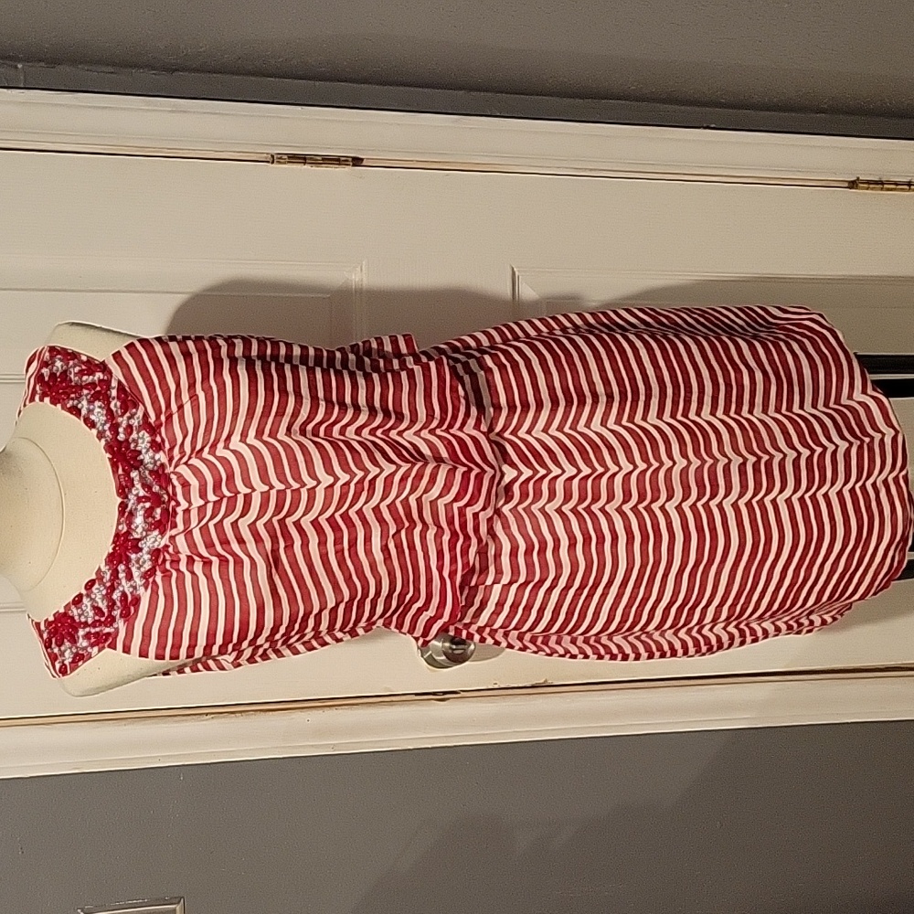 Vineyard Vines Women's S Red White Striped Silk Beaded Collar Dress